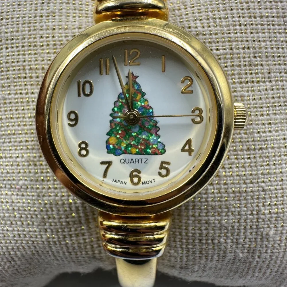 Christmas Tree Watch Women Gold Tone White Dial Hinged Cuff Band New Battery